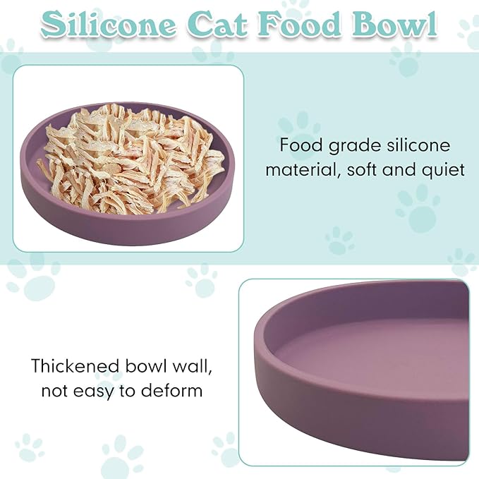Silicone Dog Bowl Shallow Cat Food Bowls 7in Flat Puppy Plates Cute Whisker Fatigue Pet Feeding Dishes Set of 2 for Dry and Wet Food Indoor (Round Purple)