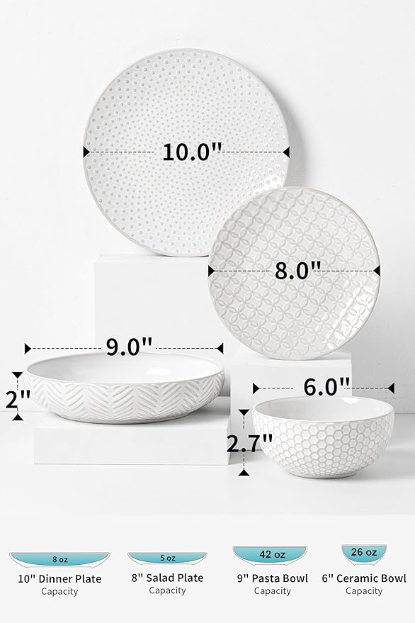24-Piece Ceramic Dinnerware Set,Large Plates and Bowls Set for 6,Elegant Dish Set for Families & Entertaining–Microwave & Dishwasher Safe Tableware (Double Bowl)