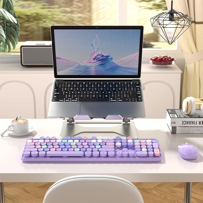 Colorful Wireless Computer Keyboard and Mouse Combo with Round Typewriter Keycaps, Retro Design, Power Switch, Ergonomic Design, 2.4GHz Wireless for Windows, Mac, PC(Purple-Colorful)