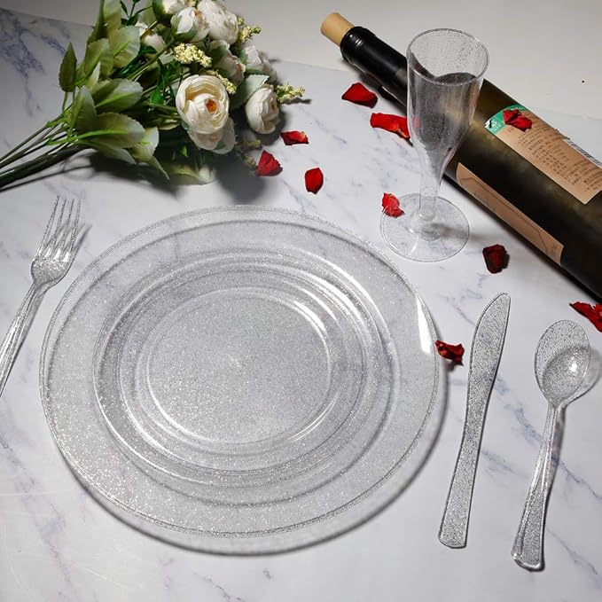 I00000 144Pcs Silver Glitter Dessert Plates Set, Includes 72Pcs Plastic Dessert Plates 7.5",72Pcs Silver Forks 7.4", Plastic Salad Plates for Birthday, Wedding & Party