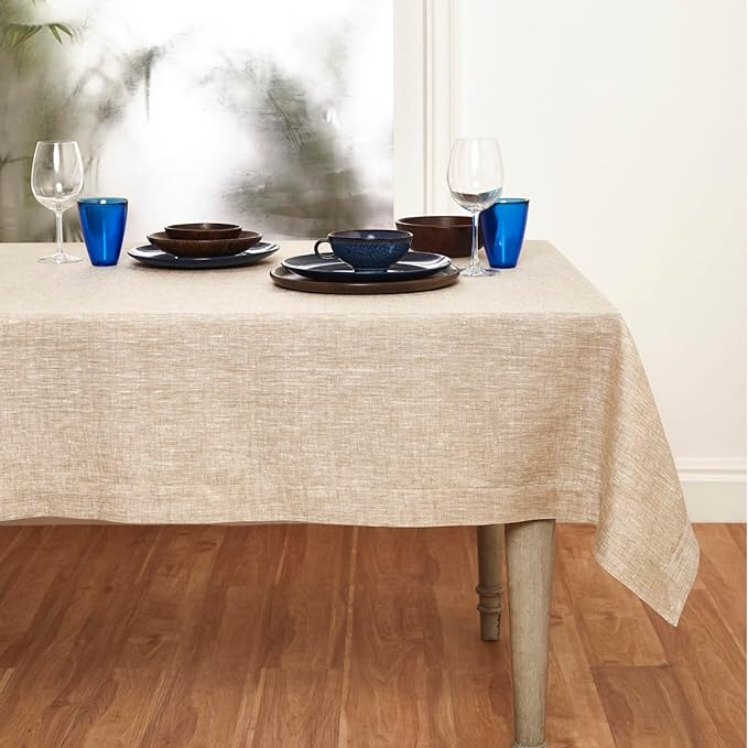 Solino Home Linen Tablecloth 90" L x 60" W Inch – 100% Pure Linen Champagne Beige Tablecloth – Machine Washable Rectangle Tablecloth for Holiday Decor – Athena