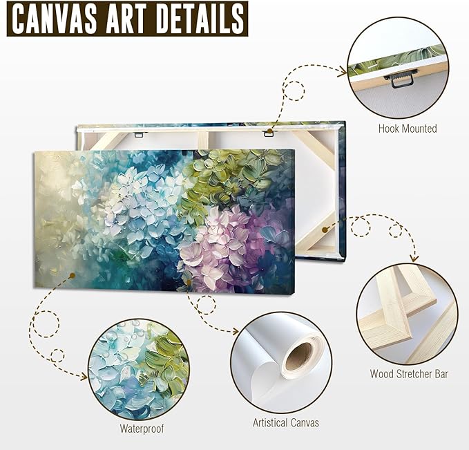 ADJUVANT Wall Art Impressionist Colorful Hydrangea 60" L x 30" W, Vibrant Hydrangea Blooms Canvas Painting Lush Petals Artwork Prints Floral Wall Decor for Living Room Bedroom Dining Room Home Office