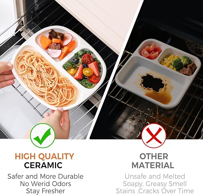 8.58" Square Ceramic Divided Plates - 4 Pack, Portion Control Plate for Rational Eating, White Dinner Plates, 3 Compartment Dinner Diet Plates for Kids Adults, Microwave, Dishwasher Safe