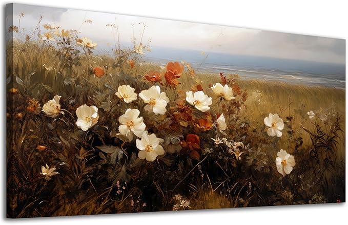 ADJUVANT Wall Art Vintage Coastal Wildflower Field 48"L x 24"W, Seaside Meadow With White And Orange Blooms Canvas Painting Nature Artwork Retro Floral Prints Botanic Wall Decor for Living Room Bedroom