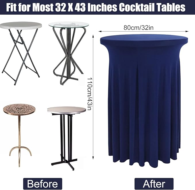 4 Packs 32 x 43 Inch Spandex Round Cocktail Table Skirts Stretch Cocktail Table Covers Fitted High Top Tables for Wedding Bar Party Banquet (Navy Blue)