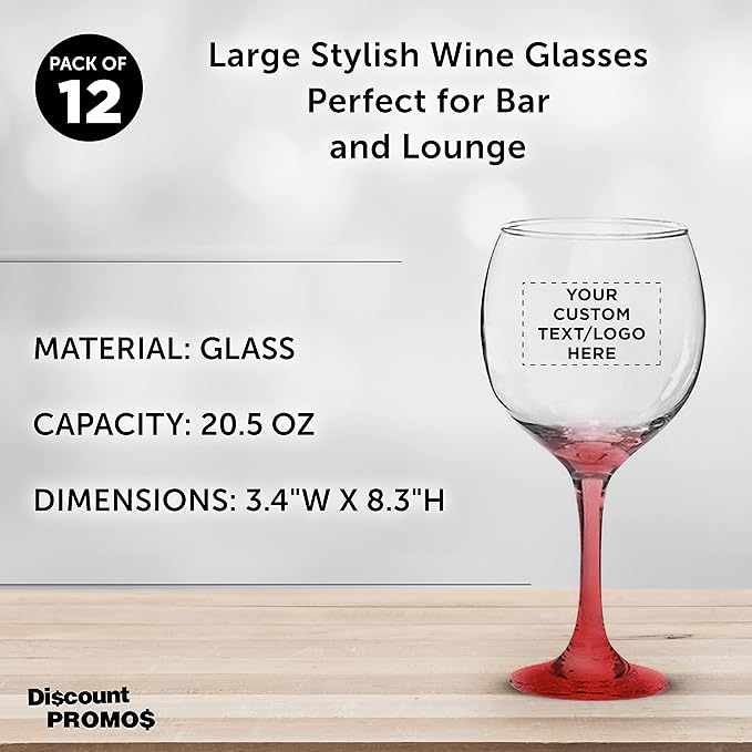 Custom Premiere Wedding Wine Glasses 20.5 oz Set of 12, Personalized Bulk Pack - Restaurant Glassware, Perfect for Red Wine or White Wine - Red