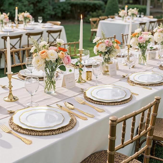 WDF 100pcs Gold Plastic Plates - High-end Baroque Design - Heavy Duty White &Gold Wedding Plates Set Ideal for Weddings/Party/Bridal Shower/Valentine's Day