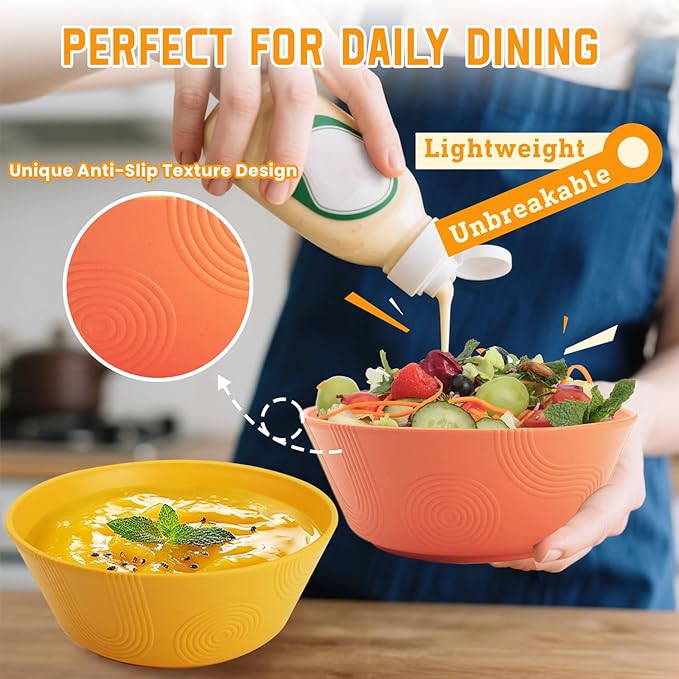 Homienly Unbreakable Cereal Bowls, Wheat Straw Bowl with Textured, 36oz Microwave Safe Plastic Bowls for Kitchen, Party, Large Soup Bowls for Popcorn, Ramen, Salad, Dishwasher Safe (Multi,6 PCS)