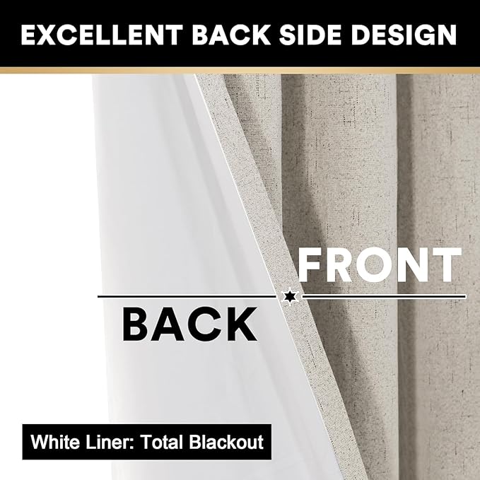 PrinceDeco Linen Texture Curtains Soild 100% Blackout Thermal Insulated with White Liner Blackout Curtains for Bedroom 90 Inches Long 2 Panels,52" Wide,90" Length Noise Reducing Curtains, Stone