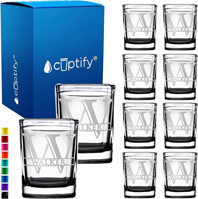 Personalized Glasses Split Script Initial and Name Set of 10 2oz Black Bottom Etched Square Shot Glass Engraved with Custom Text Birthday Gift for Men and Women