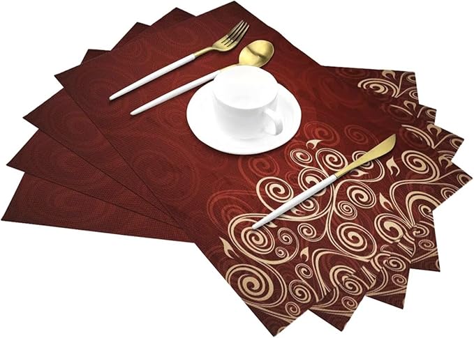 Burgundy Placemats Set of 4 Swirls Ivy Image Ombre Details Wipeable Table Mats Flower Art Reusable Washable Red Floral PVC Rectangle Place Mats for Kitchen Dining Home Decor 12x18 Inches