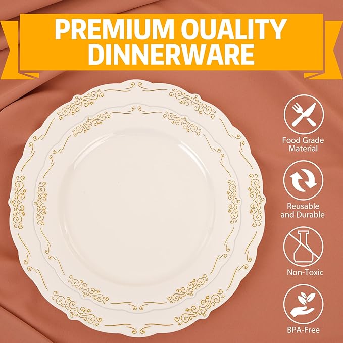 U-QE 100 PCS Ivory Plastic Plates with Gold Rim - Gold Plastic Plates for Party - Heavy Duty Plastic Plates Disposable Use Including 50 Dinner Plates 10 '' & 50 Dessert Plates 7.5 ''