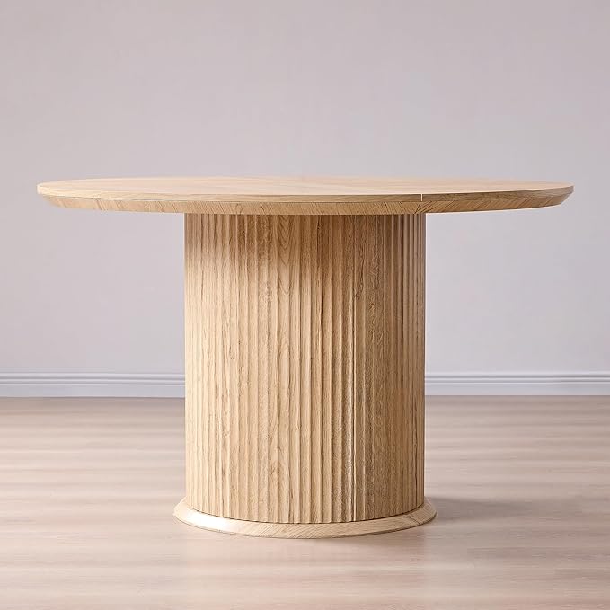 T4TREAM 47" Fluted Round Dining Table for 4-6, Mid-Century Modern Kitchen Table with Thickened Edge & Cylindrical Base for Dining Room, Kitchen, Living Room,Natural Oak(Table Only)