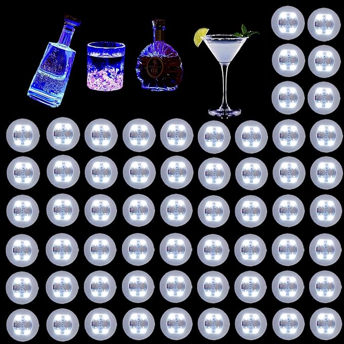 LED Drink Coaster, 60 Pack White, Round, Plastic, 24+ Hour Battery Life, 3 Lighting Modes
