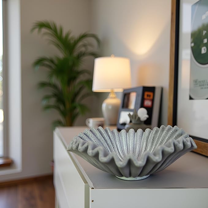 Large Decorative Bowl decor, Scalloped Pedestal Bowls for Modern Home Decor,Ruffle Decor,Stylish Key Bowl for Entry Table,Decorative Fruit Bowl for Kitchen Counter,Artificial Stone Marble Color