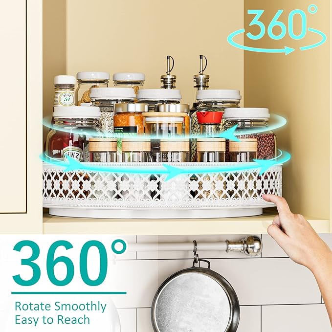 Ovicar Lazy Susan Organizer Turntable - 11 inch Rotating Spice Rack Metal Lazy Susan for Cabinet Pantry Kitchen Countertop Dining Table Cupboard Bathroom Refrigerator Vanity (11 inch White)