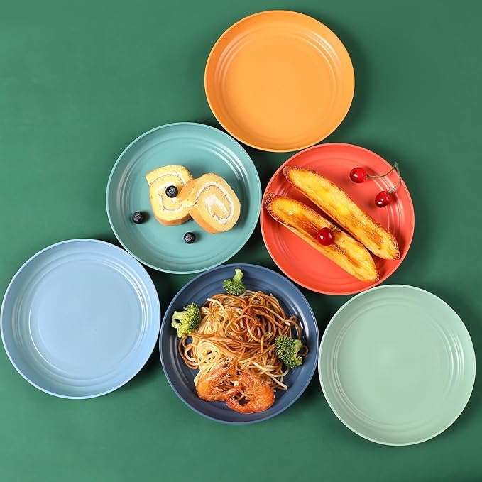 12 Pcs Unbreakable Deep Dessert Plates Set, 8 inch Reusable Plastic Wheat Straw Plates, Microwave and Dishwasher Safe Plate for Kitchen, Lightweight Plate for Dessert, BPA Free, 4 Colors