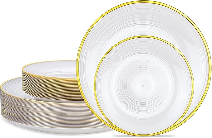 Morejoy 60Pcs Pearl White Plastic Plates,White Disposable Plates With Gold Rim,Heavy-duty Gold Plates, Modern swirl design Plate Include 30Clear Dessert-Platos,30Dinner-Platos for Party&Christmas