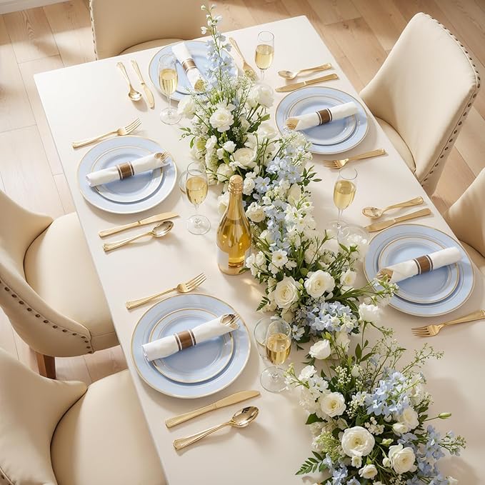 175PCS Blue Plates Disposable - Baby Blue Plastic Plates - 25Guests Plastic Dinnerware with Rolled Napkins for Wedding/Birthday/Baby Shower/Easter