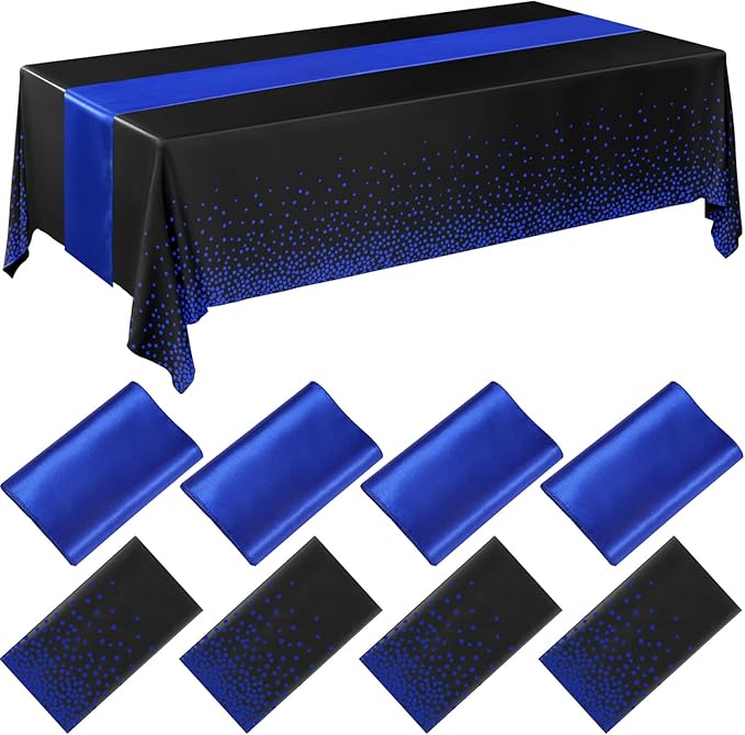 Breling 8 Pack Black and Blue Disposable Plastic Tablecloths and Satin Table Runner Set, 54 x 108 Inch Tablecloth, 12 x 108 Inch Table Runners for Wedding Graduation Birthday Baby Shower New Year