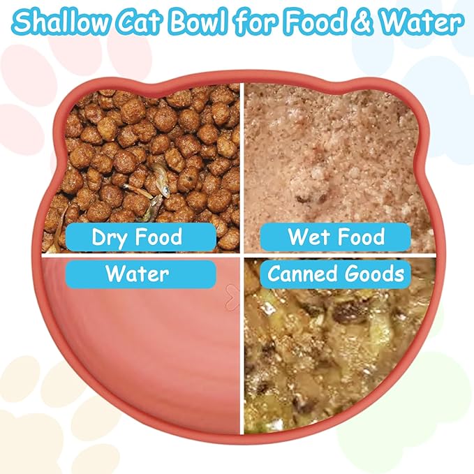Silicone Cat Food Bowl Suction Cup Cat Dish 7" Shallow Cats Food & Water Bowls Set of 2 Non-Slip Kitty Plates Relief Whisker Fatigue Puppy Feeding Bowl for Dry & Wet Food (Red)
