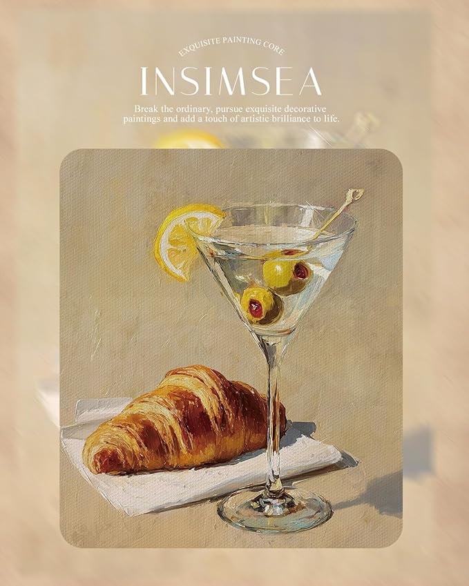 InSimSea Gold Framed Wall Art, Kitchen Dining Room Vintage Cocktail Martini Croissant Wall Shelf Decor, Still Life Canvas Print Art, Home Bar Decor, Antique Paintings with Picture Frame 13x16inch