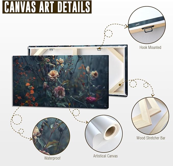 ADJUVANT Wall Art Impressionist Floral 48"L x 24"W, Dark Toned Blossoms With Lush Foliage Canvas Painting Enchanting Flowers Artwork Prints Floral Wall Decor for Living Room Bedroom Study Home Office