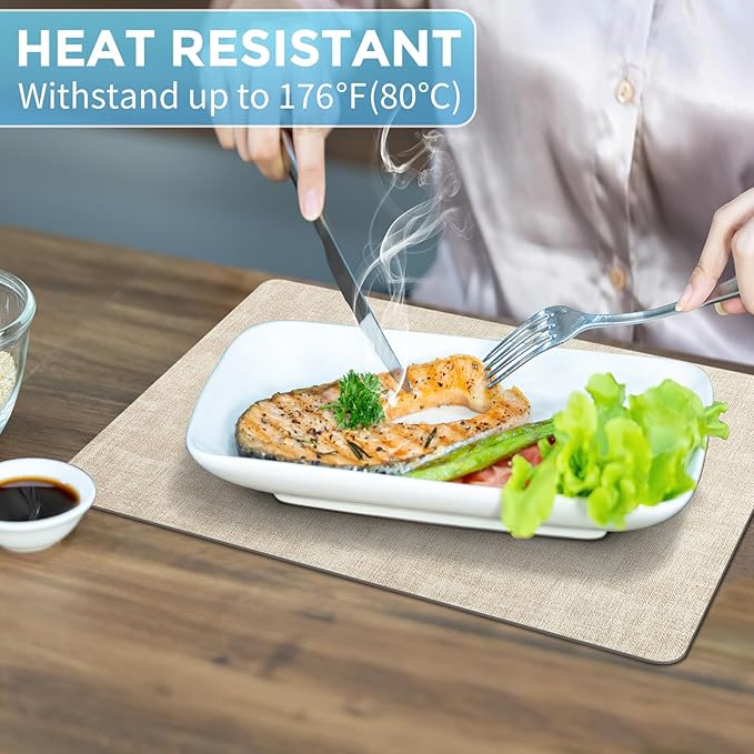Placemats Set of 12 Washable, Heat Resistant Table Placemats Wipeable Faux Leather Place Mats Non Slip, Waterproof Square Table Mats for Indoor Outdoor, Beige