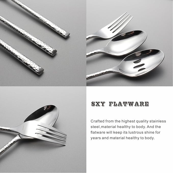 45-Piece Forged Hammered Stainless Steel Flatware Cutlery Set for 8, SXY INOX Includes 8 sets and 1 Butter Knife,1 Serving Tablespoon,1 Cold Meat Fork,1 Pierced Tablespoon,1 Suger Spoon