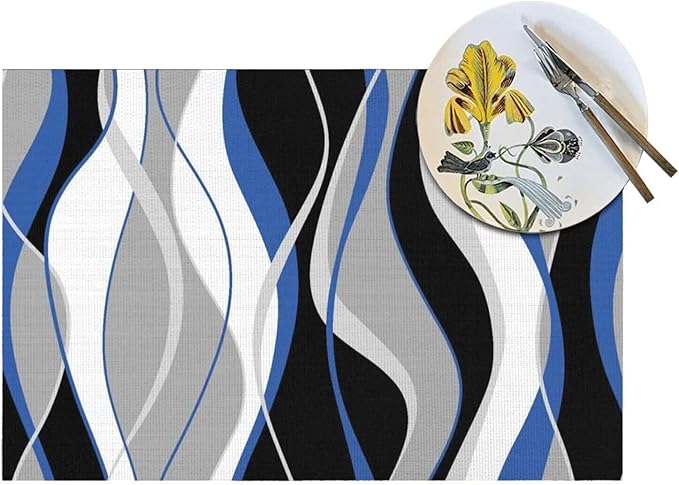 Placemats Set of 6 Black and Blue Place Mats White Grey Striped Modern Abstract Woven Table Mats Washable PVC Placemat for Dining Kitchen Decor Indoor Outdoor, 12 x 18 Inch