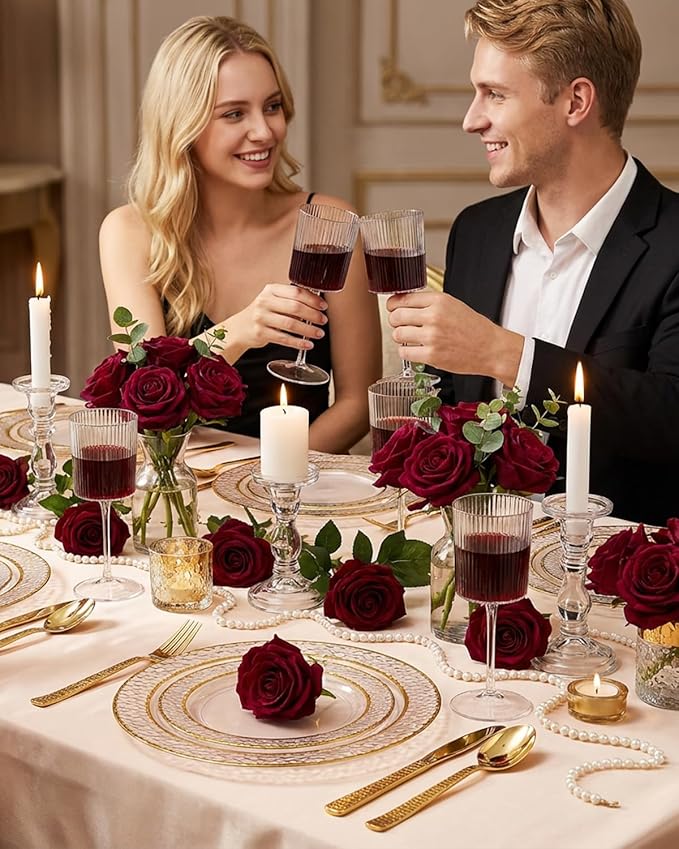 Ciaell 12 PCS Plastic Ribbed Wine Glasses - 10 OZ Plastic Square Wine Glasses with Stem - Disposable Champagne Cups for Parties & Weddings & Party & Valentine's Day