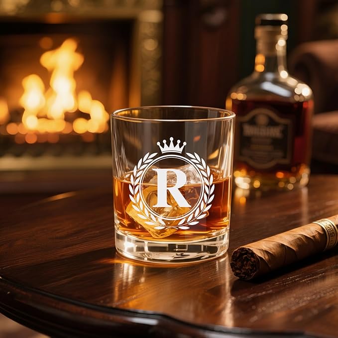 Whiskey Glasses - Rocks Old Fashioned Glass Gifts for Men, Monogrammed A-Z 10oz Personalized Whisky Glasses, Christmas Birthday Gifts for Men Him Dad Father Husband Brother Son (R)