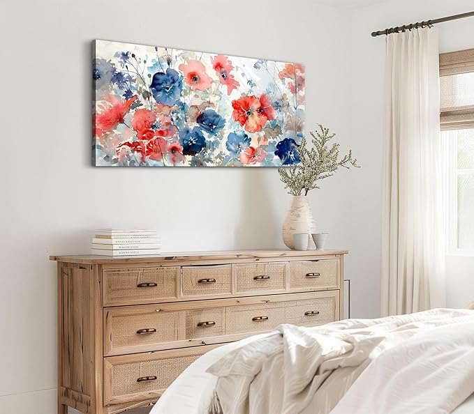ADJUVANT Wall Art Watercolor Vibrant Floral 40"L x 20"W, Colorful Poppies With Soft Hues Canvas Painting Lively Blooms Artwork Delicate Tones Prints Wall Decor for Living Room Bedroom Bathroom Home Office