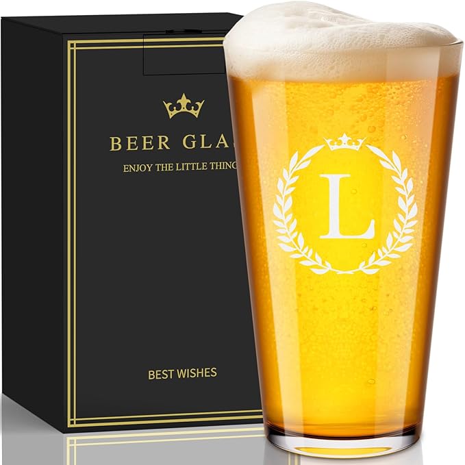 Personalized Beer Glasses Gifts for Men, 16 oz Pint Glasses Monogrammed A-Z Drinking Glass Cups Customized Gift, Unique Christmas Anniversary Birthday Gifts for Men Him Dad Brother Husband Grandpa (L)