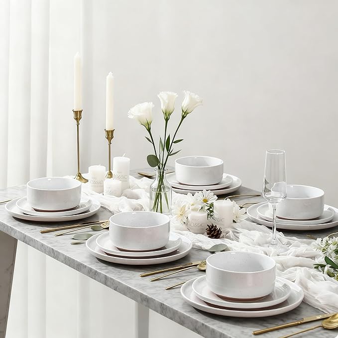 GZG Modern Art Series - 6 Pcs Speckled Stoneware Plates and Bowls Sets, Ceramic Dinnerware Set with Rustic Terracotta Underside, Microwave and Dishwasher Safe Handcrafted Dishes Set - Porcelain White