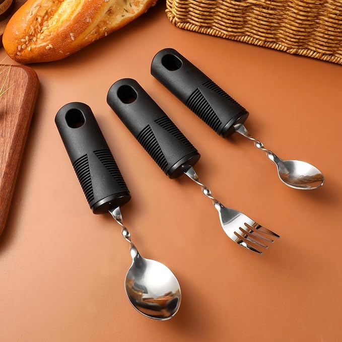 VOSAREA 3pcs Bendable Stainless Steel Cutlery Set Soft Grip Handles Adaptive Utensils for Elderly and Disabled Users Weighted Forks and Spoons for Tremors and Rehabilitation