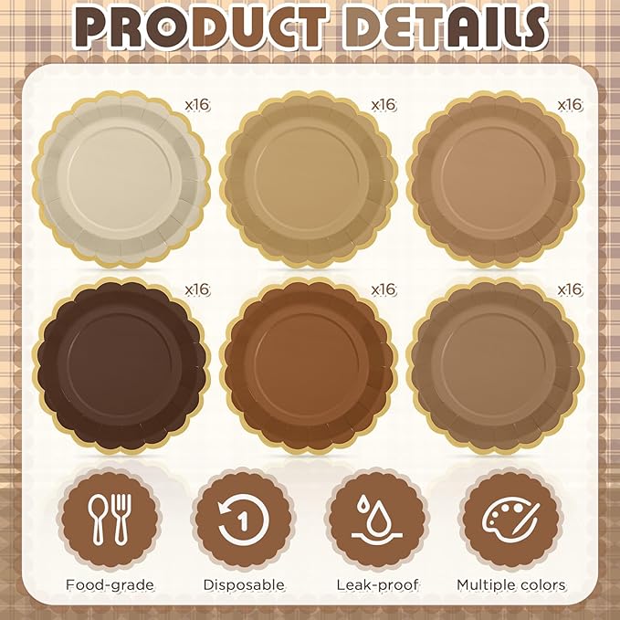 96 Pcs Brown Paper Plates 9 Inch Gradient Brown Scalloped Paper Disposable Dinner Dessert Plates for Birthday Wedding Bridal Party Supplies, 6 Colors