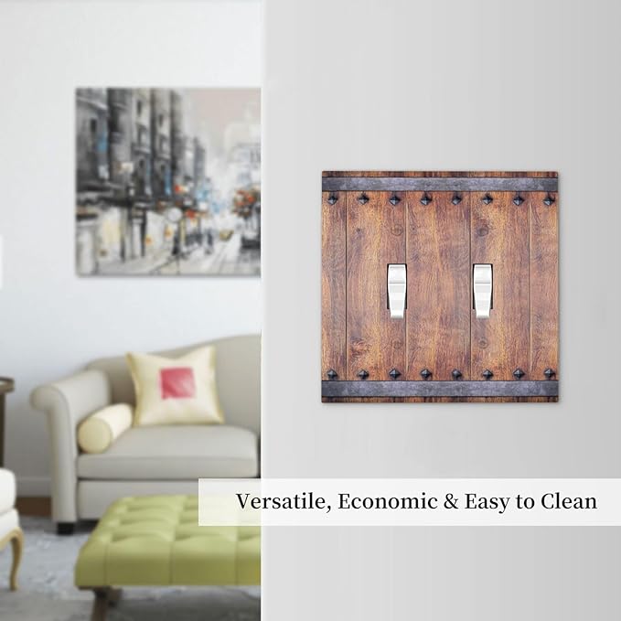 Decorative Light Switch Cover Rustic Farmhouse Barn Door Vintage Wood 2 Gang Wall Plate Double Toggle Switch Plate Receptacle Electrical Outlet Cover Switchplate for Bathroom Cabin（2 Pack）