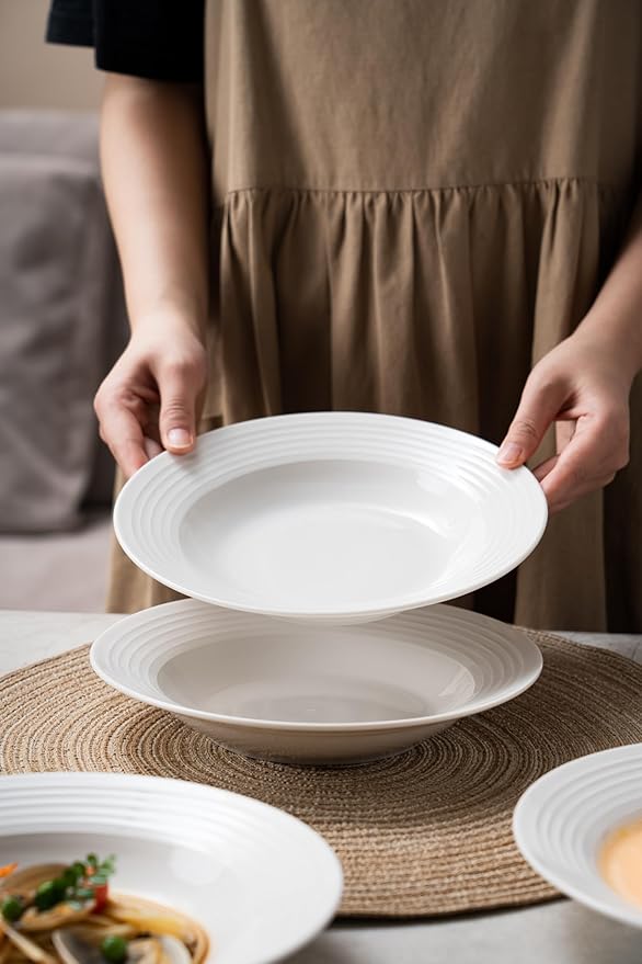 8.7-inch Wide Rim Ceramic Soup Bowl - Lead-Free White Pasta Bowls for Spaghetti, Salad, Stew, Rice Microwave & Dishwasher Safe - Scratch-Resistant & Heatproof Design Set of 4