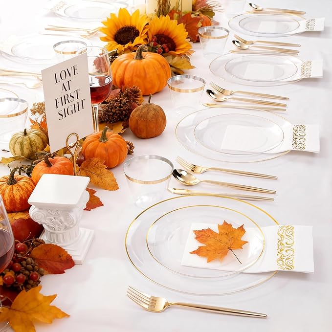 MirthMood 210Pcs Clear and Gold Plates for 30 Guests, Plastic Plates for Party, Includes:30 Dinner, 30 Dessert, 30 Paper Towels with 90 Silverware & 30 Cups