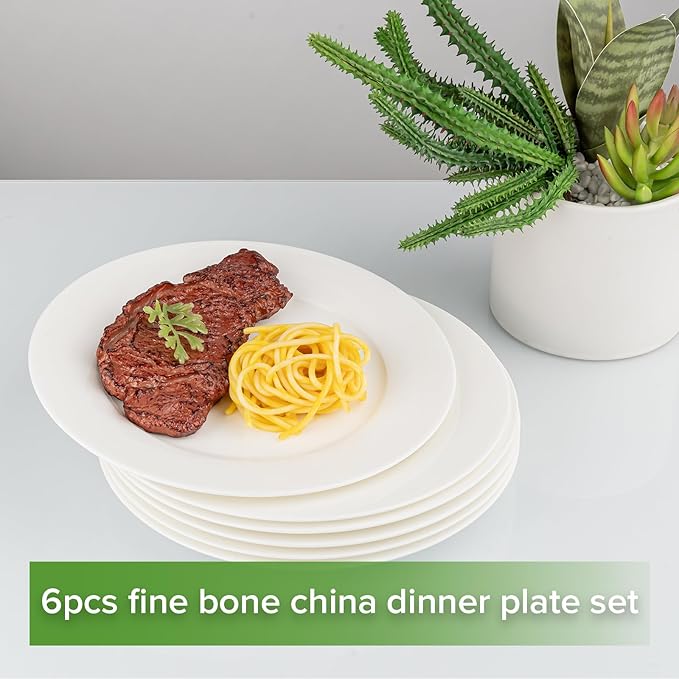 Fine Bone China Dessert Plates 6-Piece, Cake Plate, Side Plate 8 Inches, Fine Glaze With Pure White Color Sturdy and Durable, Thin Thickness and Light Weight, Microwave and Dishwasher Safe