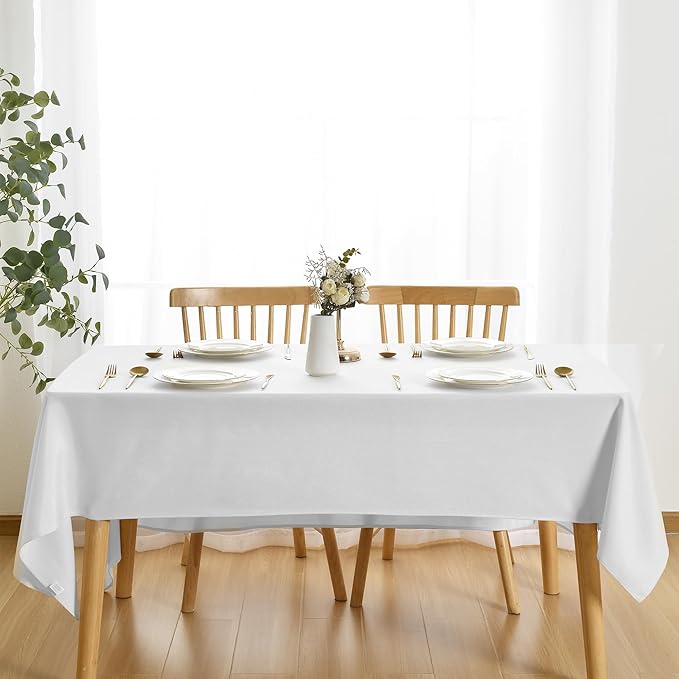 JIUZHEN Rectangle Table Cloth Faux Linen Farmhouse Tablecloth Wrinkle and Stain Resistant Decorative Fabric Table Cover for Kitchen, Dining Room, Parties and Camping, White, 54 x 80 Inch