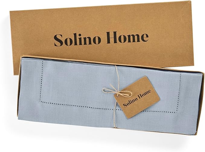 Solino Home Linen Cloth Placemats Set of 4-100% Pure Linen Hemstitch Dusty Blue Placemats 14 x 19 Inch - Classic Hemstitch Table Place Mats for Winter, Spring, Easter
