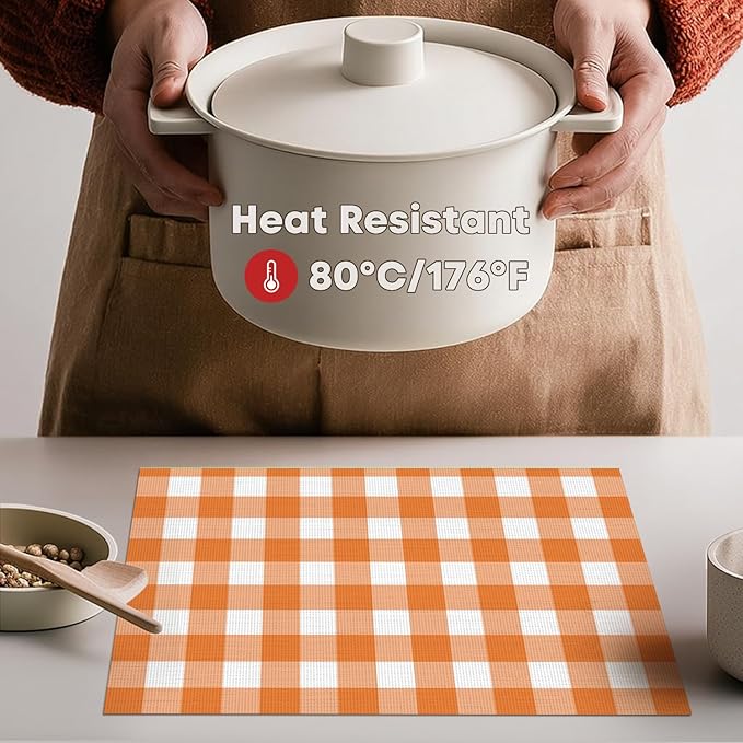 Artoid Mode Buffalo Plaid Vinyl Placemats Set of 4, 12x18 Inch Washable Non-Slip Heat Resistant Plastic Place Mats for Party Dining Table, Orange/White