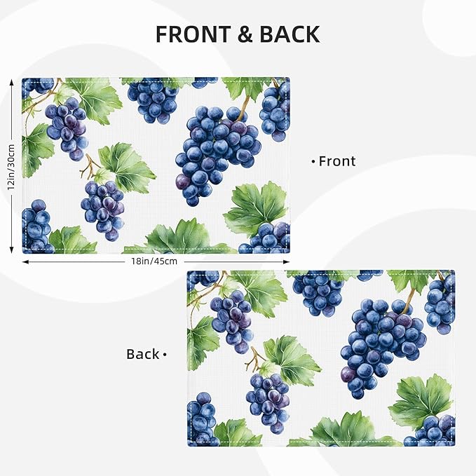 Grape Placemats Set of 4, Blue Grapes Place Mats, Fruit Waterproof Washable Table Mats for Home Party Indoor Kitchen Dining Table Decoration 12x18 Inch