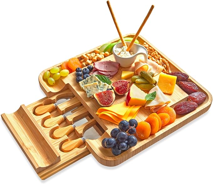 RoyalHouse Bamboo Cheese Board and Knife Set with Slide-Out Cutlery Drawer - Charcuterie Boards Set & Cheese Platter - Birthday Gifts for Women, Wedding Gifts for Couples 2025, Bridal Shower Gifts