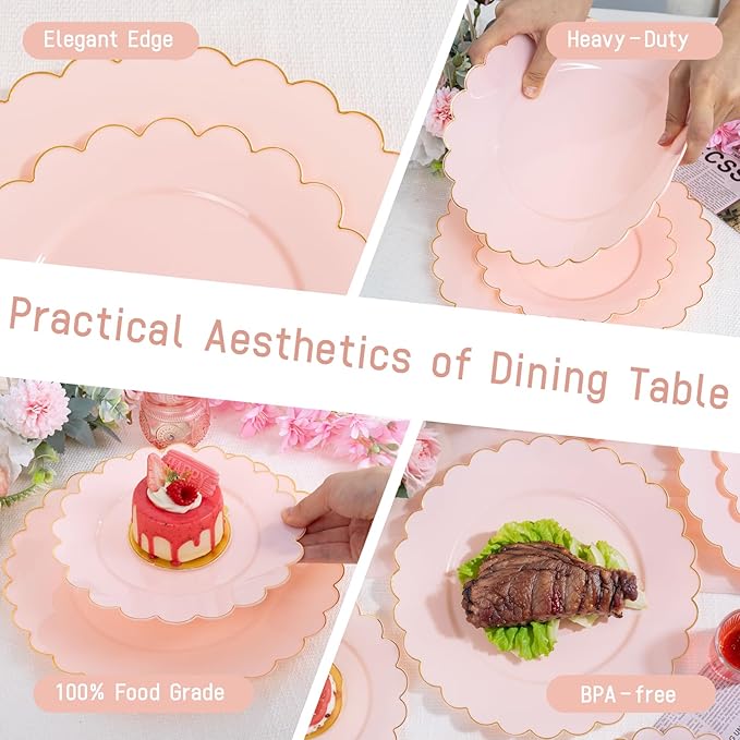 LIYH 120 Pcs Pink Plastic Plates Disposable - Pink Disposable Plastic Plates Set for Party Includes 60 Dinner Plate 10.25" & 60 Dessert Plate 7.5" Elegant Gold Rim for Party Birthday