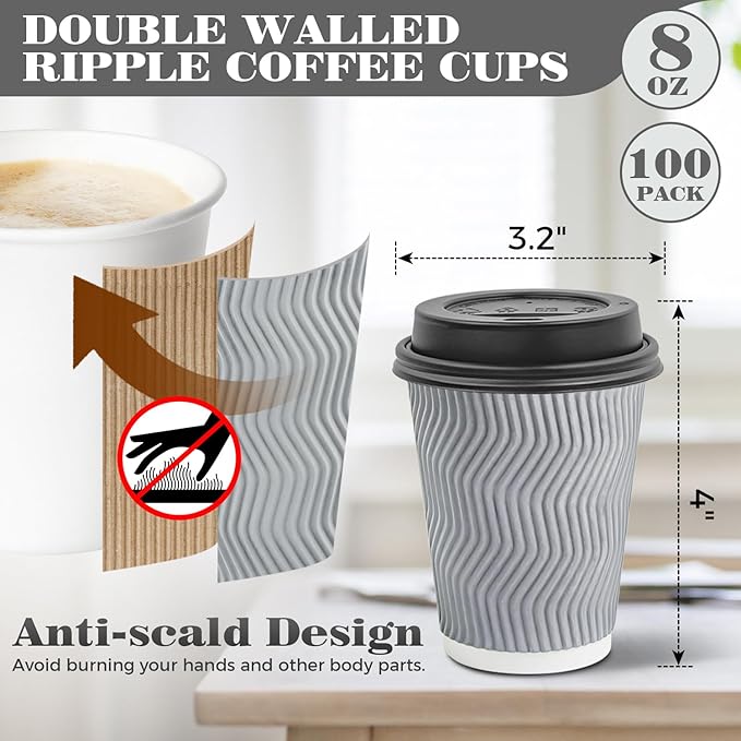 Ginkgo 100 Pack To Go Paper Coffee Cups With Lids, 8 oz Disposable Double-Walled Ripple Insulated Hot Cups for Hot Drinks, Lattes, Travel Cups, Small, Gray
