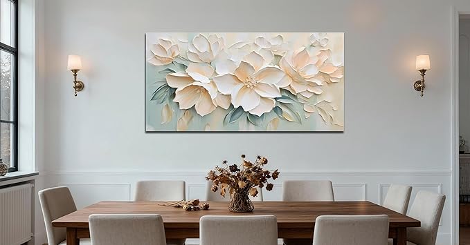 Anolyfi White Textured Flowers Canvas Wall Art for Living Room, Modern Aesthetic Sage Florals Painting Wall Decor for Christmas Gift Hallway Bedroom Dining Room Office Home Decor 40"x20"