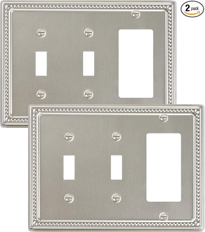 2-Pack Combo Decorator/Double Toggle Light Switch Cover Plate, Brushed Nickel Pearls Decorative Switch Plates and Outlet Covers, Metal Wall Plates for Electrical Outlets